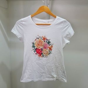 Women's Guess Short Sleeve White Tee with Floral Rose Graphic - Size M
